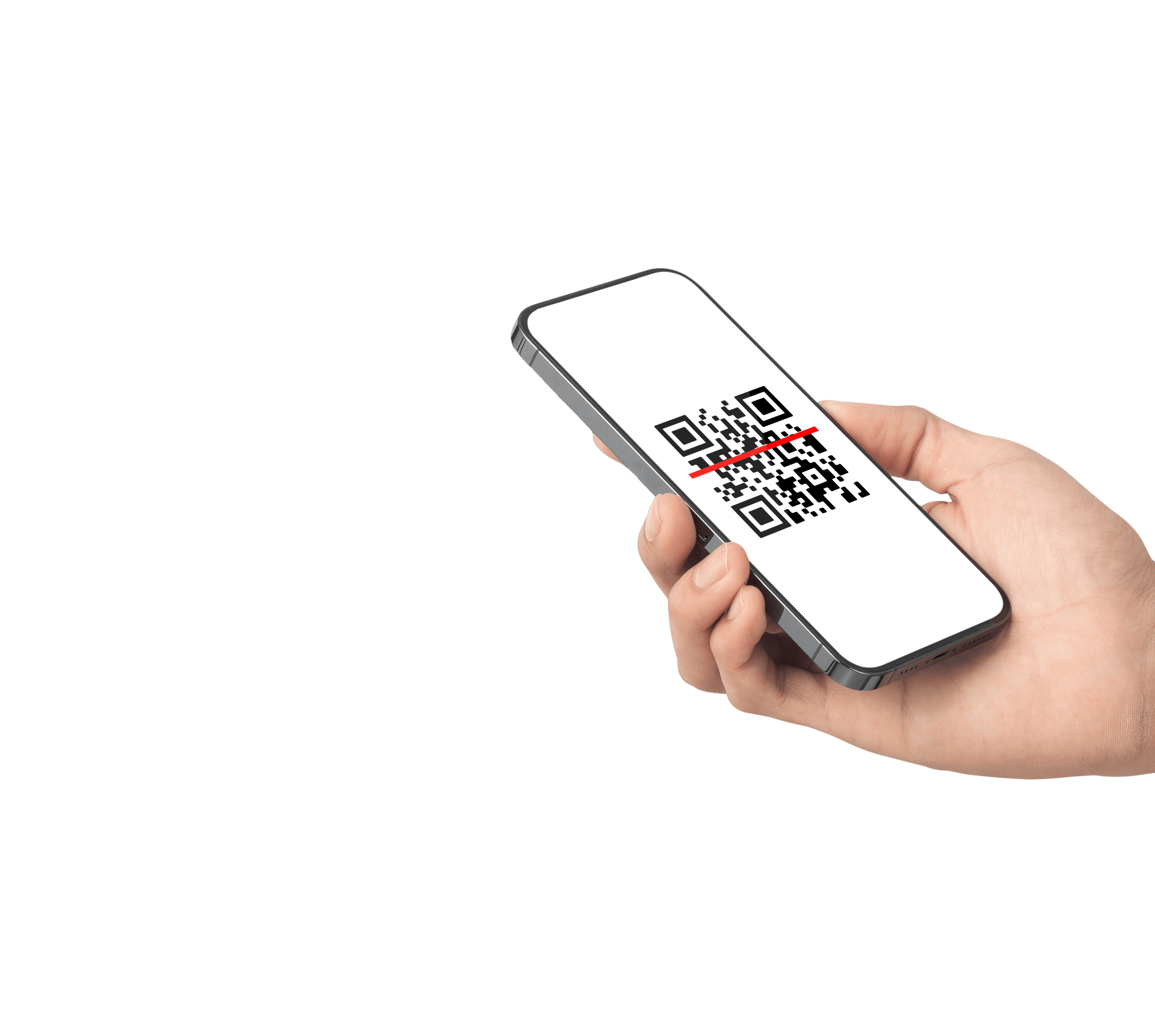 A hand holding a phone scanning a QR code